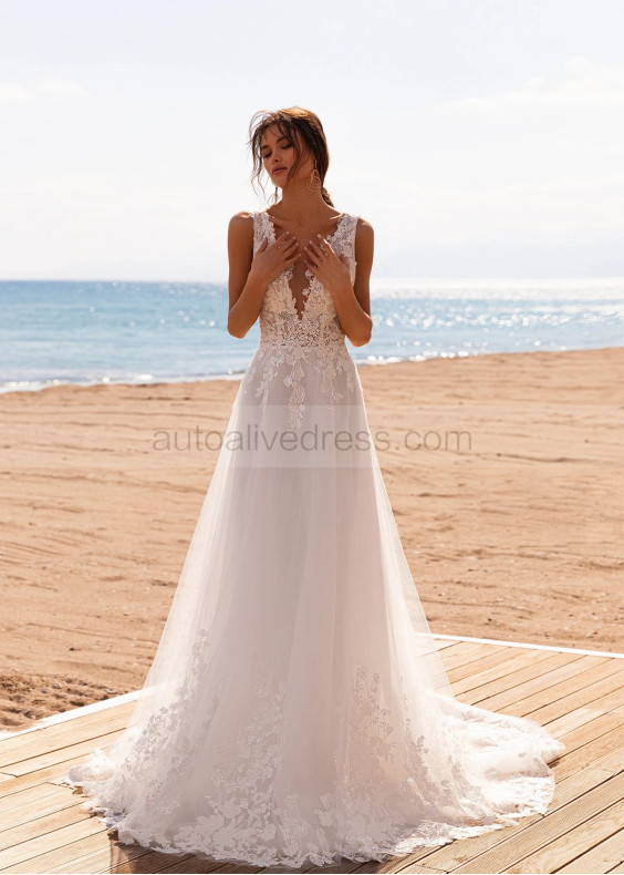 Beaded Ivory Lace Tulle V Back Fashionable Wedding Dress